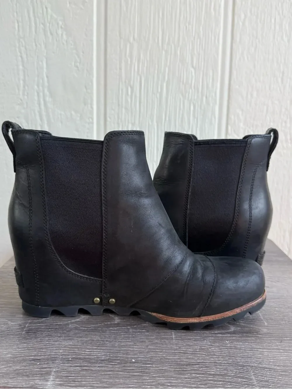 Sorel Black Leather Lea Wedge Ankle Booties